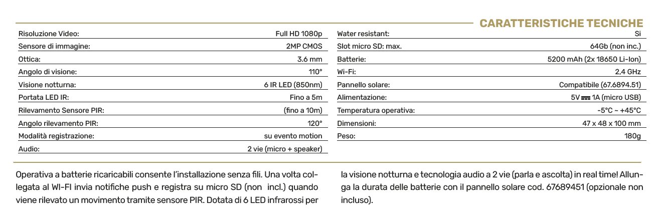 Telecamera wi-fi da esterno ricaricabile